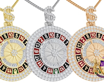 27+ Grams Real Sterling Silver Multi Tone 14K Gold Over Casino Gambling Roulette Wheel Dollar Sign Simulated Diamond Pendant Lucky Charm