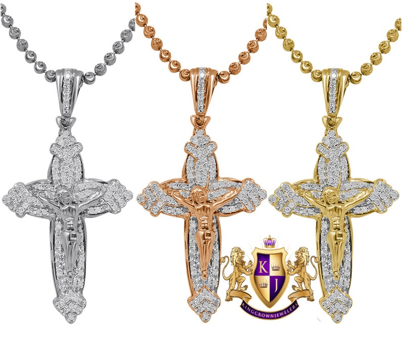 Men/'s Real Genuine Diamond Mini Crucifix Jesus Cross Pendant Charm Chain Set 10K Gold Finish