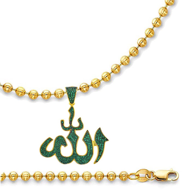 14K Real Gold Over Genuine Sterling Silver Simulated Diamond Allah God Muslim Pendant Islamic Arabic Charm Chain Set