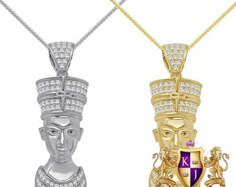 Real Genuine Italian Sterling Silver 1.00 Ct. Simulated Diamond 14K Gold Finish Egyptian Pharaoh Nefertiti Cleopatra Pendant Charm Chain Set