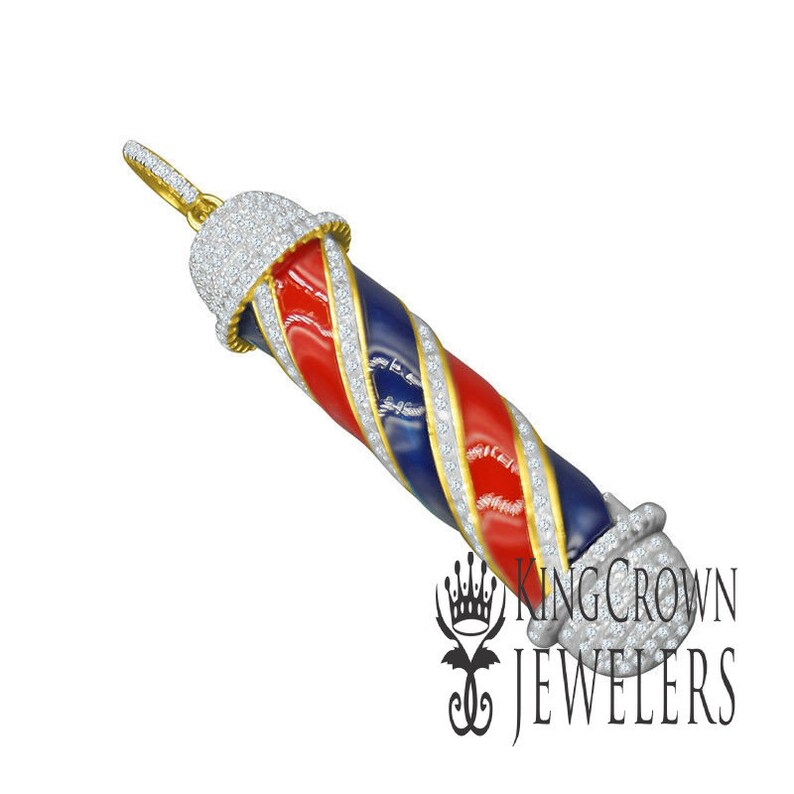 Real Sterling Silver Barber Shop Pole 14K Yellow Gold Finish Simulated Diamond Pendent Charm Chain Set