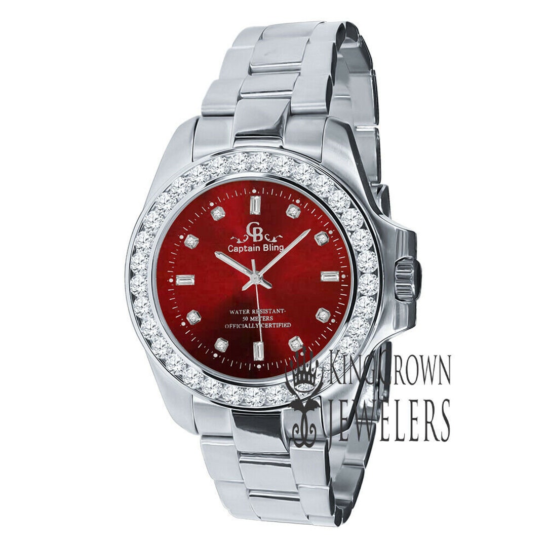 18K White Gold Solid Steel Simulated Diamond Red Dial Etsy