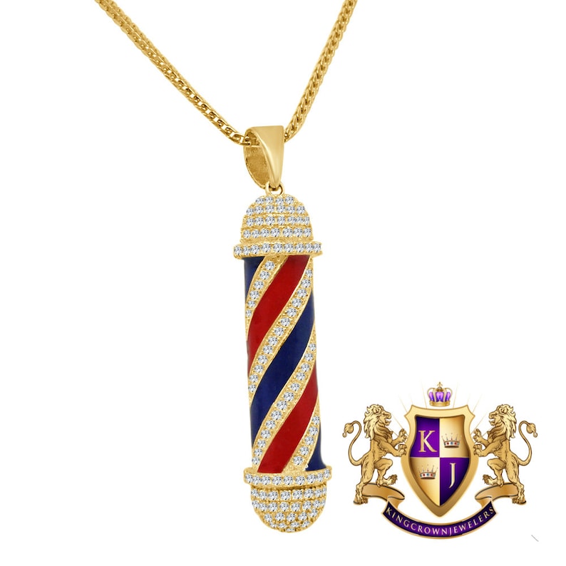 Real Sterling Silver Barber Shop Pole 14K Yellow Gold Finish Simulated Diamond Pendent Charm Chain Set