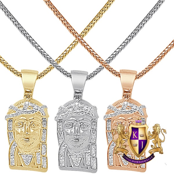 Mini Petit 1.00 '' Vrai Authentique Diamant Jésus Face Piece Pendentif Croix 10K Or Sur Religieux Unisexe Charm Chain Set