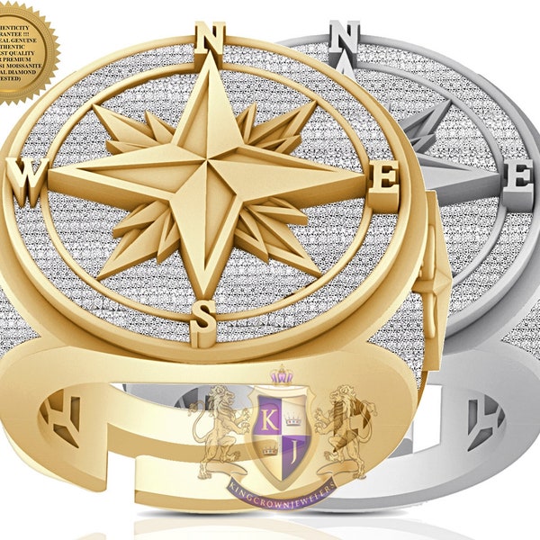3D LOOK Big Bold 24mm Real Genuine 2.00 Cwt. VVS/1 Moissanite Diamond Nautical Compass 14K Gold Over Men's Ring Band 19+ Grams (Adjustable)