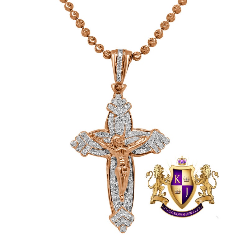 Men/'s Real Genuine Diamond Mini Crucifix Jesus Cross Pendant Charm Chain Set 10K Gold Finish