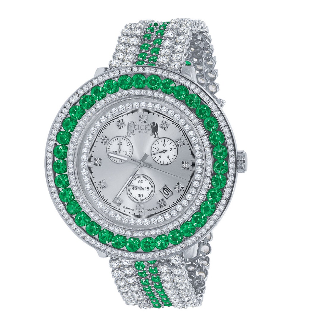 Mens Green Emerald Custom Watch Real Diamond Dial 18k White Gold Finish Stainless Steel Back XL 60mm W date Etsy Australia