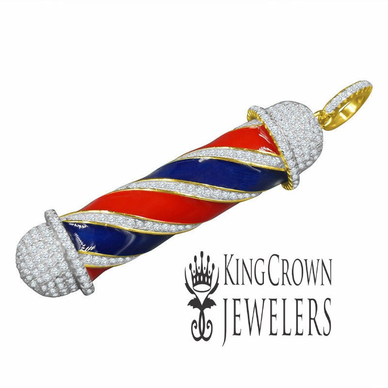 Real Sterling Silver Barber Shop Pole 14K Yellow Gold Finish Simulated Diamond Pendent Charm Chain Set