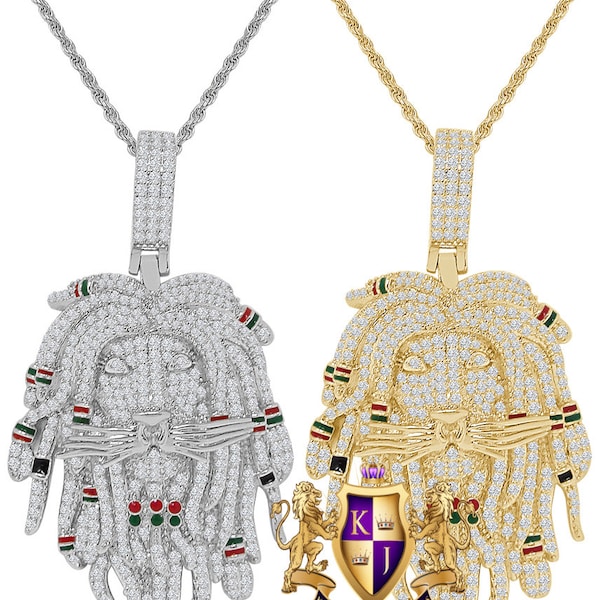 30 + Grams Rasta Jamaican Lion Face Pendentif Multi Tone 3.00 Cwt. Diamants simulés Custom Charm 14K Or Sur 2.15'' + Chaîne de corde