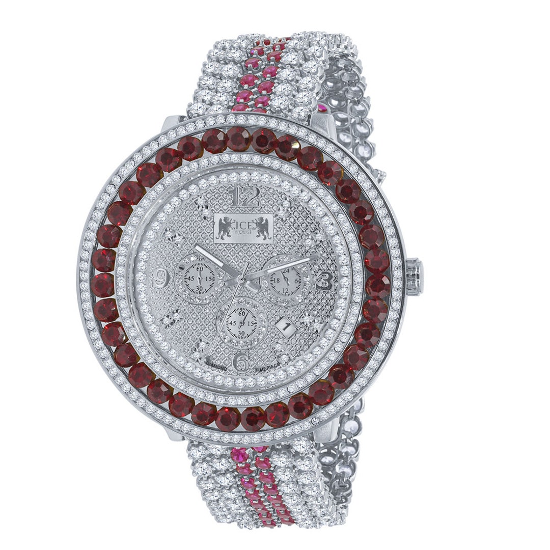 Mens Custom Ruby Red Solitaire Bezel Watch Iced Out Band Date Analog XL ...