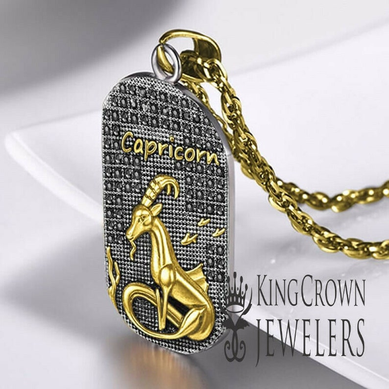 Chain Mens Ladies Solid Stainless Steel Zodiac Sign Dog Tag Charm Lab Diamond Astrology Horoscope 2 Tone Pendant