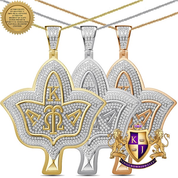 Real Genuine 2.50 Cwt. Authentic MOISSANITE Diamond 21+ Grams Alpha Kappa Alpha AKA Ivy Leaf Omega Symbols 10K Gold On Pendant Charm + Chain