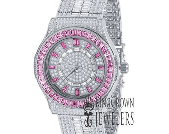 Pink Tourmaline Baguette/Round Cut Simulated Diamond Custom Band Luxury Watch Mens 18K White Gold Finish Fully Iced Out