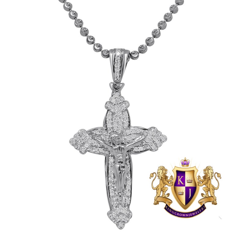 Men/'s Real Genuine Diamond Mini Crucifix Jesus Cross Pendant Charm Chain Set 10K Gold Finish