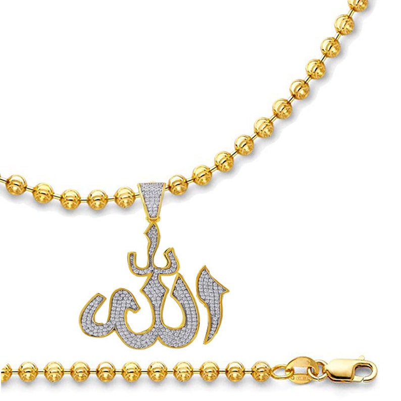 14K Real Gold Over Genuine Sterling Silver Simulated Diamond Allah God Muslim Pendant Islamic Arabic Charm Chain Set