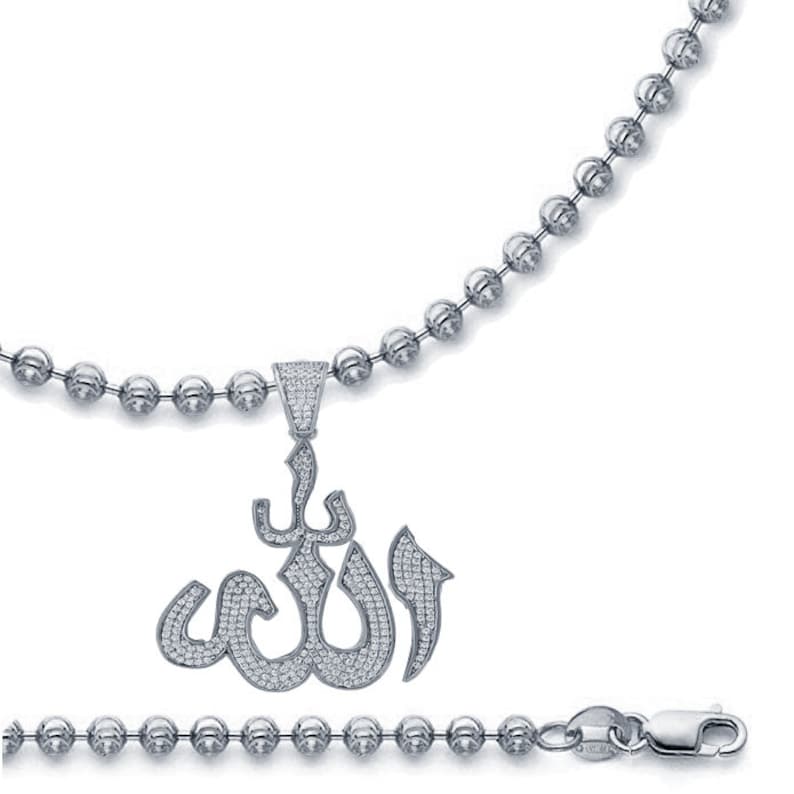 14K Real Gold Over Genuine Sterling Silver Simulated Diamond Allah God Muslim Pendant Islamic Arabic Charm Chain Set