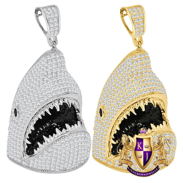 27+ Grams Real Genuine Sterling Silver 14K Gold Finish 2.25 Cwt. Simulated Diamond Great Shark Jaws Head Men's Pave Charm Pendant