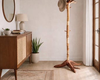 Perchero de madera roja con forma de raíz: soporte rústico con forma de árbol y 16 ganchos.