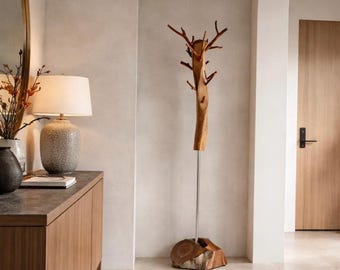 Perchero artesanal de roble reciclado: diseño de árbol independiente