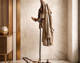 流木製自立式コートラック：素朴なスタジオアートラック