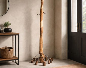 Handmade Rustic Oak Coat Rack: Blacksmith Metal Hooks, Entryway Stand
