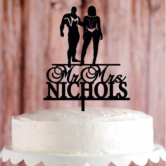 Wedding Cake Topper Blue Marvel And Female Black Panther Cake Etsy