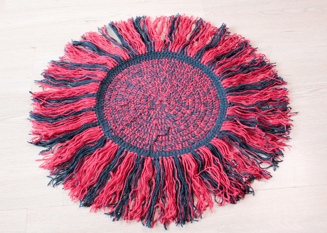 Red Blue Small Round Rug Handcrafted Carpet Rustic Rug Boho Etsy