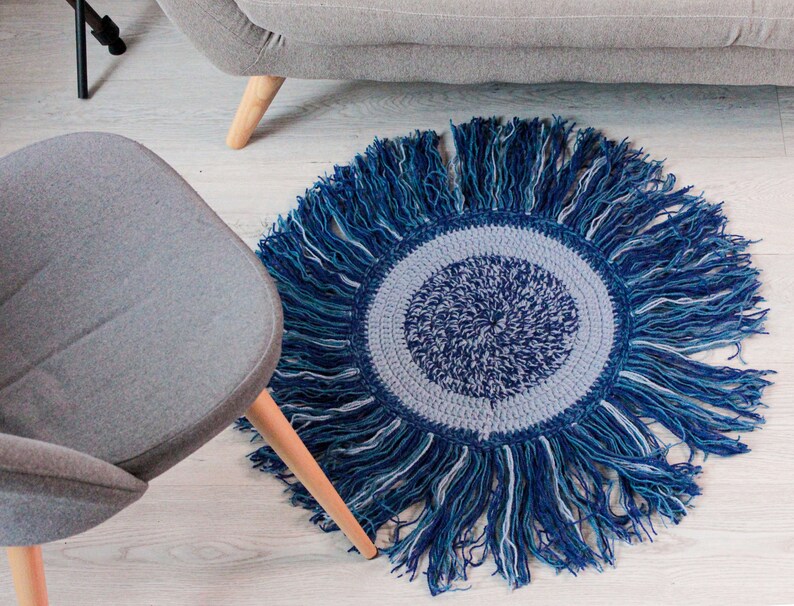 Small Blue Round Rug Handcrafted Carpet Rustic Rug Boho Home Etsy