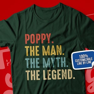 Poppy Shirt, Poppy The Man The Myth The Legend T-Shirt for Men, Poppy Gift Ideas for Birthday, Father's Day, Baby Announcement Reveal, Retro