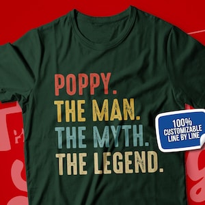 Poppy Shirt, Poppy The Man The Myth The Legend T-Shirt for Men, Poppy Gift Ideas for Birthday, Father's Day, Baby Announcement Reveal, Retro