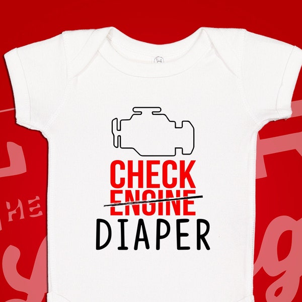 Check Engine Diaper Baby One Piece Bodysuit Toddler T-Shirt | Funny Mechanic Pregnancy Announcement | Funny Car Clothes | Dad Diaper Change