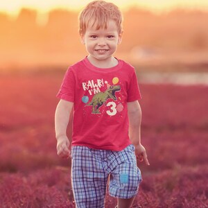 May include: A young boy wearing a red t-shirt with a green dinosaur wearing a party hat and the text "RAWR! I'M 3".