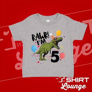May include: Gray short-sleeved t-shirt with a green dinosaur wearing sunglasses and a party hat. The dinosaur is saying "Rawr! I'm 5" with confetti and balloons around it.