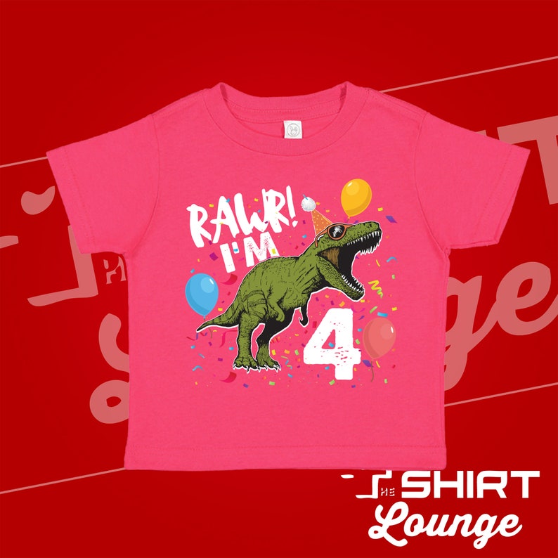 Rawr I'm Four Dinosaur 4th Birthday Shirt Hot Pink