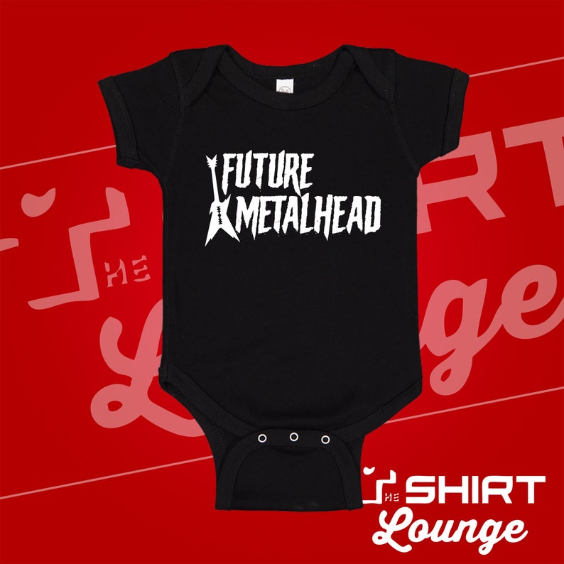 May include: Black baby onesie with white text that reads "Future Metalhead" and a graphic of a guitar.