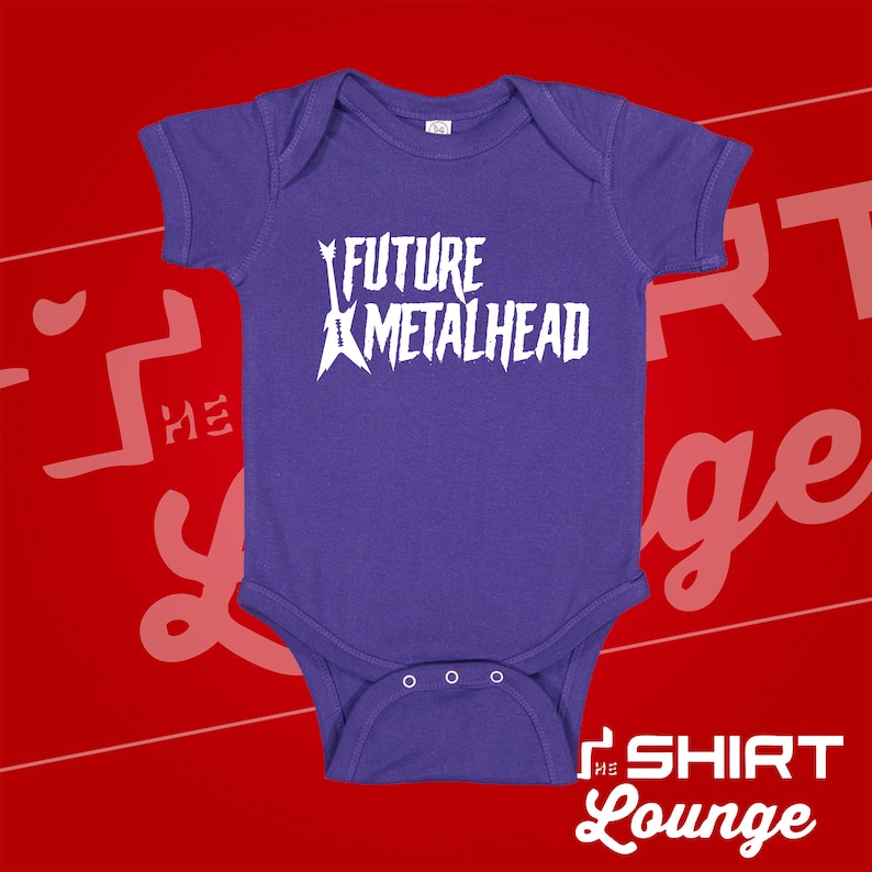 May include: Purple baby onesie with a white graphic of a guitar and the text "FUTURE METALHEAD".