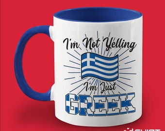 Greek Mug, Greece Coffee Cup, Funny Gift Idea, Present for Greek Husband, Wife, Family, Tea Mug, Greek Flag, I'm Not Yelling, Yaya, Papou