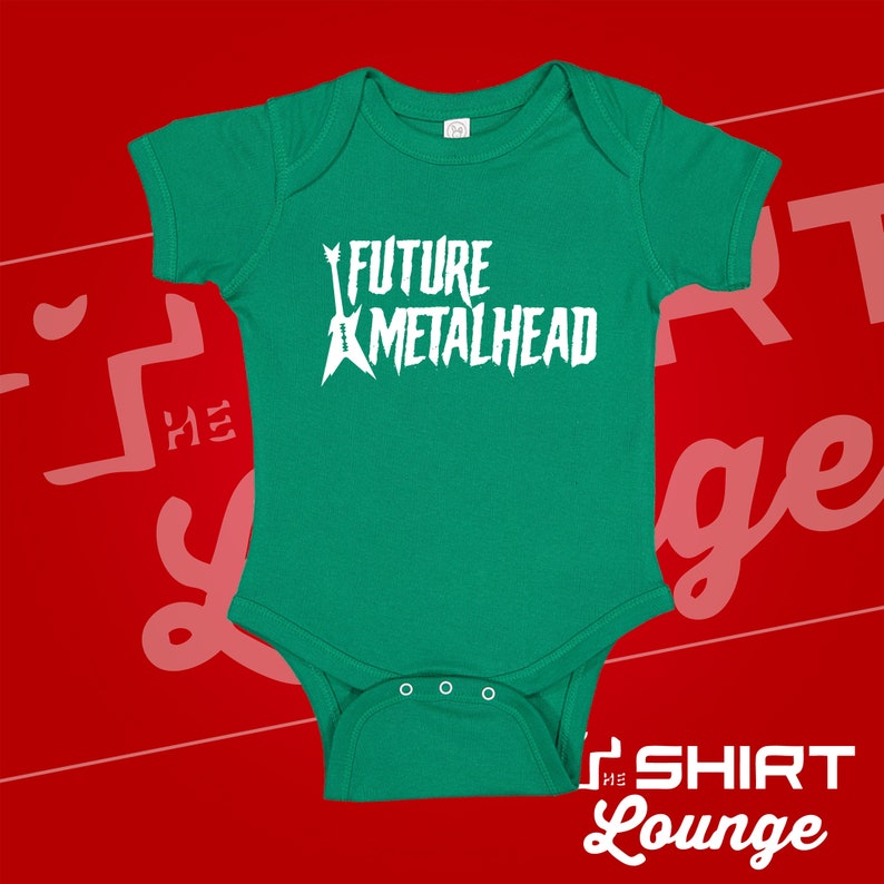 May include: A green baby onesie with a white graphic of a guitar and the text "FUTURE METALHEAD".