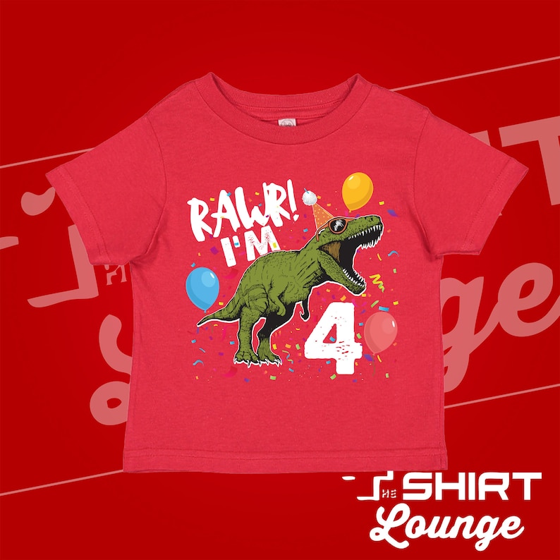 Rawr I'm Four Dinosaur 4th Birthday Shirt Red