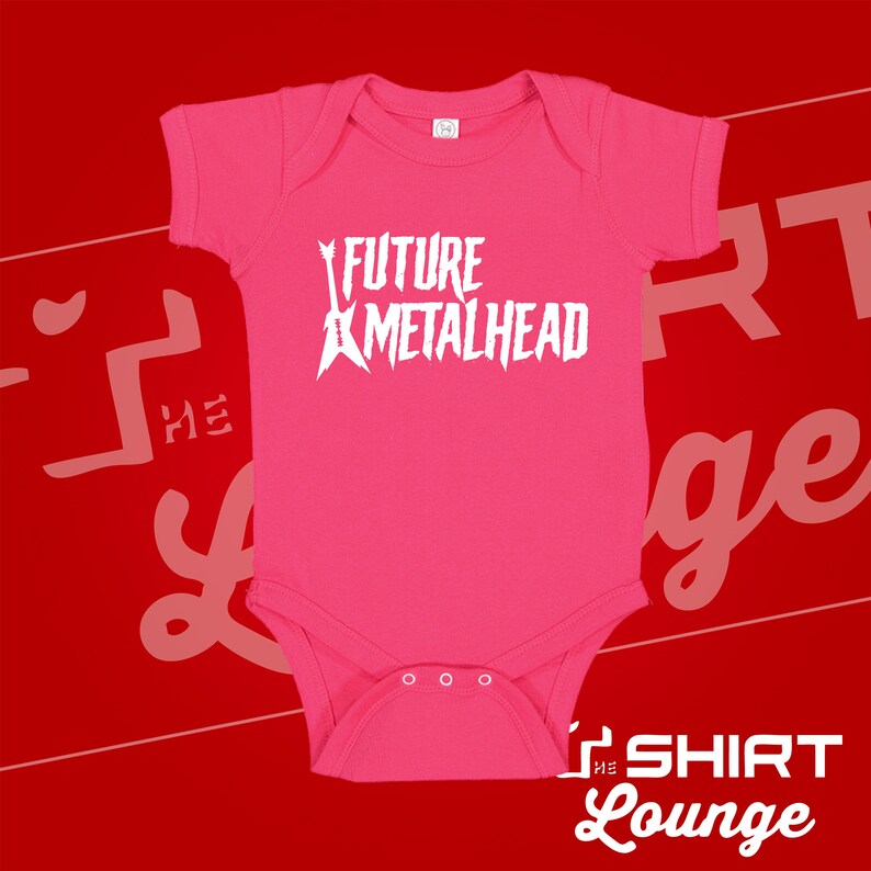 May include: Pink baby onesie with a white graphic of a guitar and the text "FUTURE METALHEAD".