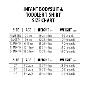 May include: Infant bodysuit and toddler t-shirt size chart with measurements in inches and pounds for newborn to 24 months and sizes 2T, 3T, and 4T.