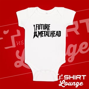 May include: White baby onesie with black text that reads "Future Metalhead" and a graphic of two electric guitars.