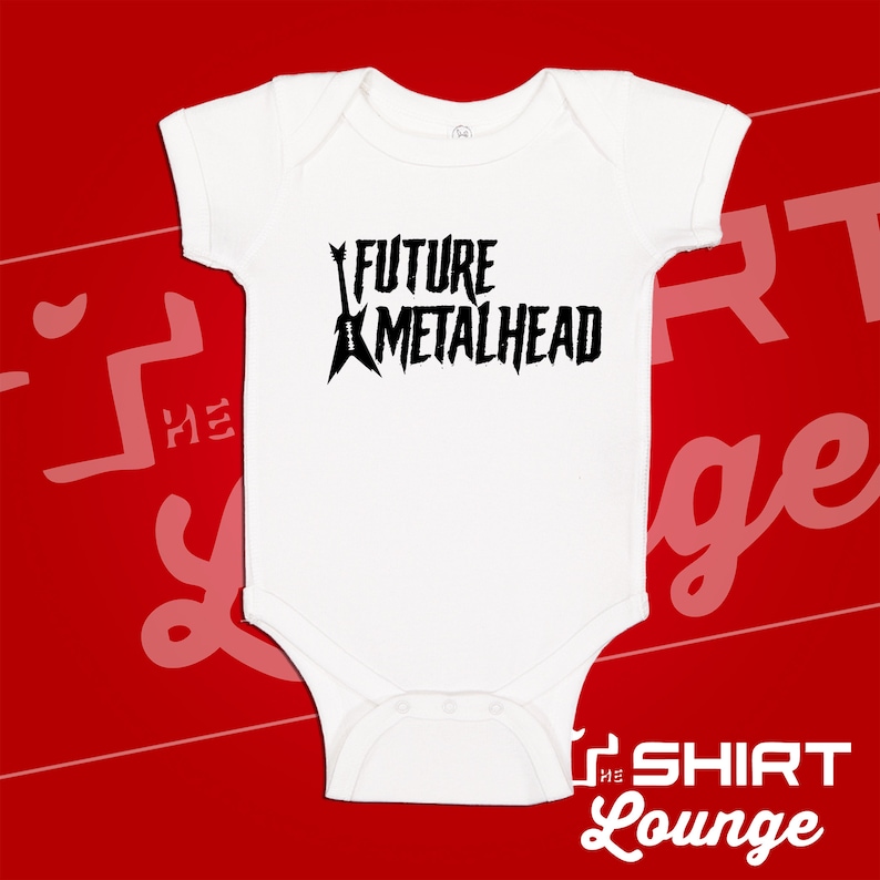 May include: White baby onesie with black text that reads "Future Metalhead" and a graphic of two electric guitars.