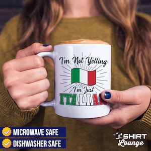 May include: White ceramic mug with a black and red design. The mug features the text "I'm Not Yelling I'm Just Italian" with an Italian flag graphic. The mug is microwave and dishwasher safe.
