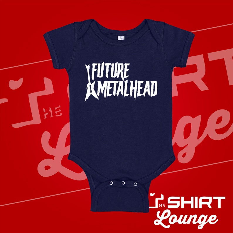 May include: A navy blue baby onesie with a white graphic of a guitar and the text "FUTURE METALHEAD".