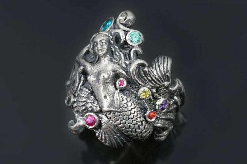 Mermaid Colorful Unique Oxidized Sterling Silver Ring LR-106
