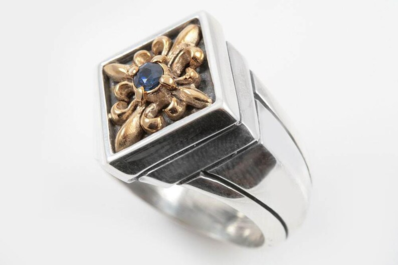 Sergius Gothic Style Sterling Silver Two Tone Ring With Natural Sapphire MR-048