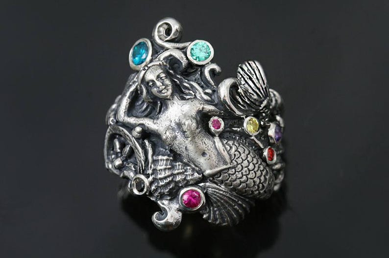 Mermaid Colorful Unique Oxidized Sterling Silver Ring LR-106