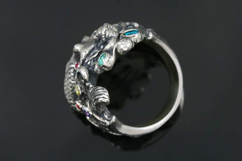 Mermaid Colorful Unique Oxidized Sterling Silver Ring LR-106