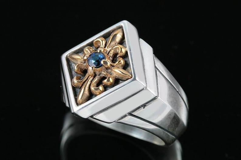 Sergius Gothic Style Sterling Silver Two Tone Ring With Natural Sapphire MR-048